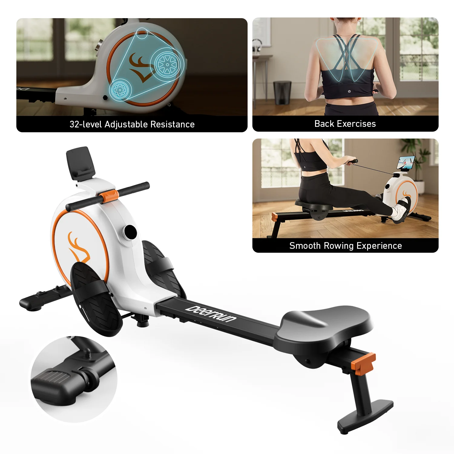 DeerRun RW600 Adjustable Magnetic Resistance Long Slide Rail Smart Rowing Machine with PitPat - Image 5